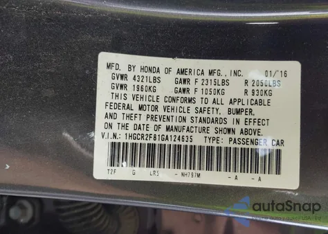 2016 Honda Accord Ex-L from USA, damaged, VIN 1HGCR2F81GA124635